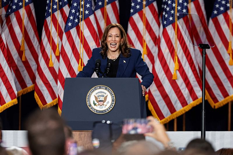 US Vice President and Democratic Presidential candidate Kamala Harris speaks at West Allis Central High School during her first campaign rally in Milwaukee, Wisconsin, on 23 July, 2024